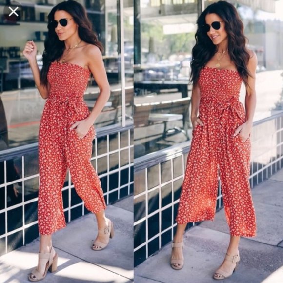 Vici Pants - Smocked Charleigh Floral Pocketed Crop Jumpsuit